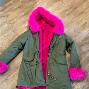 Fur parka pink camo green hooded